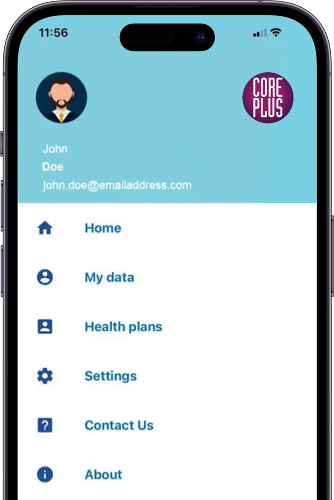 Screenshot of CorePlus WeCare app on a phone.